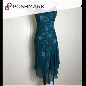 Cache Teal Asymmetrical Dress with Floral Sequin Design - STUNNING